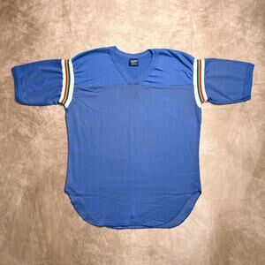 Vintage 80s Indy Knit Mesh Rainbow Stripe Sleeve Shirt Blue Retro Sportswear